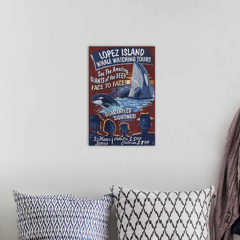 A bohemian room featuring Lopez Island, Washington - Orca Whale Watching Vintage Sign: Retro Travel Poster