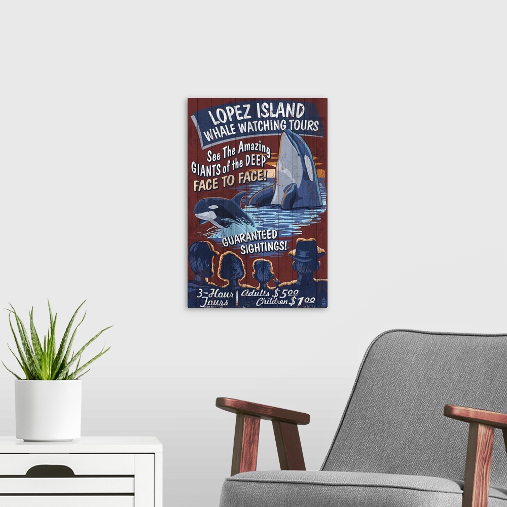 A modern room featuring Lopez Island, Washington - Orca Whale Watching Vintage Sign: Retro Travel Poster