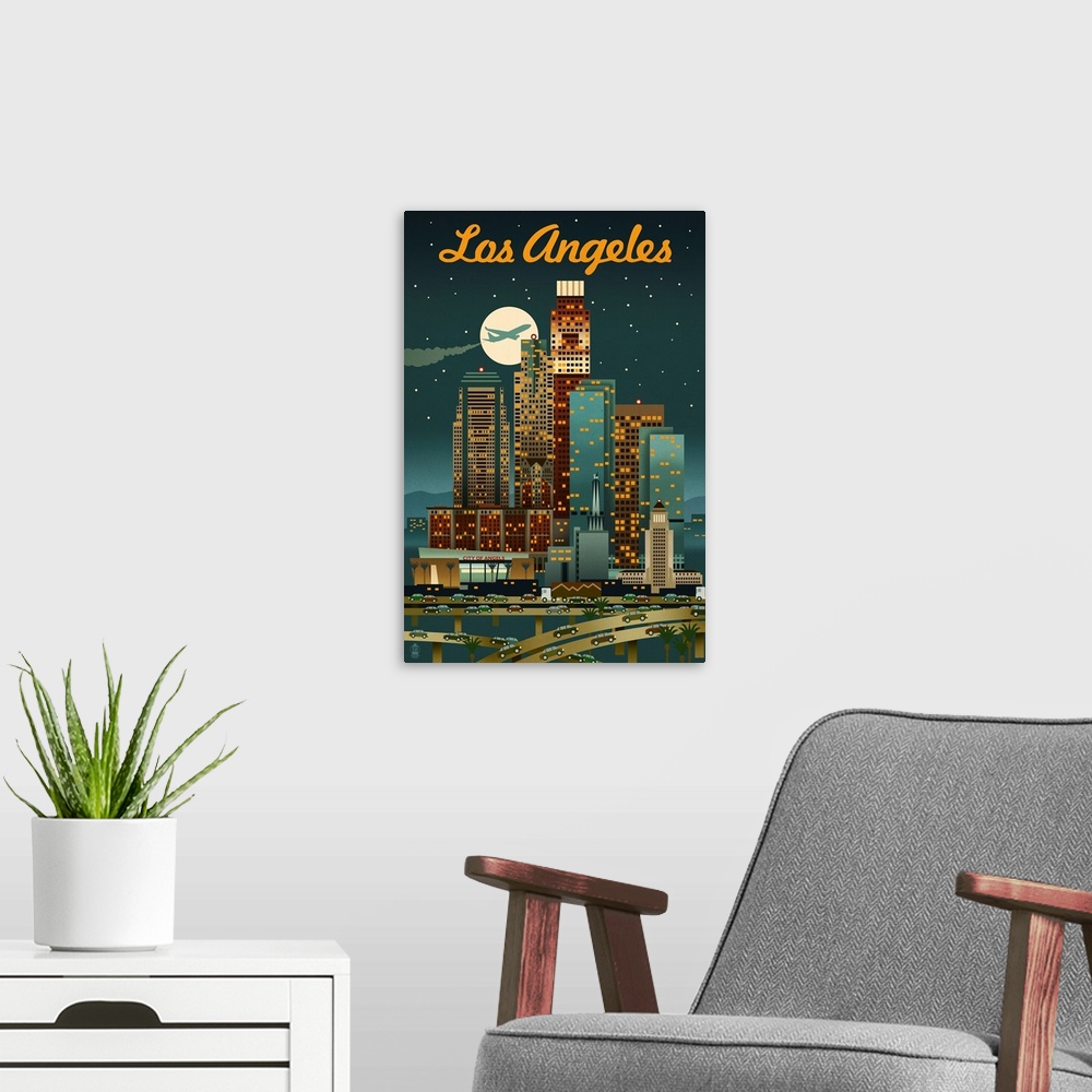 A modern room featuring Los Angeles, California - Retro Skyline - Warmer Palette