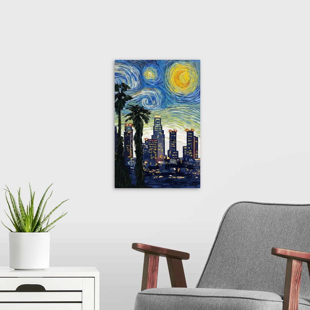 A modern room featuring Los Angeles, California - Skyline - Starry Night City Series