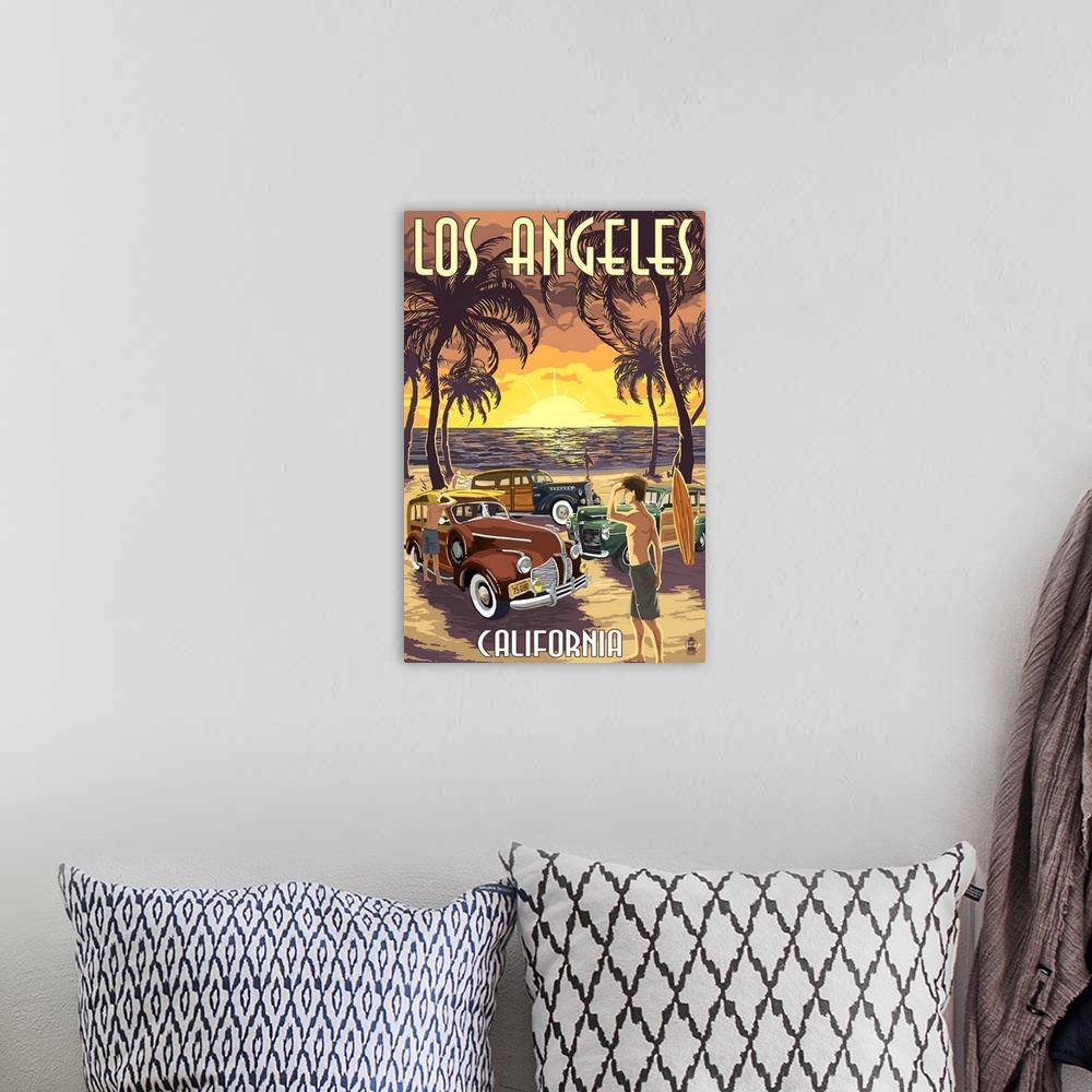 A bohemian room featuring Los Angeles, California - Woodies and Sunset: Retro Travel Poster