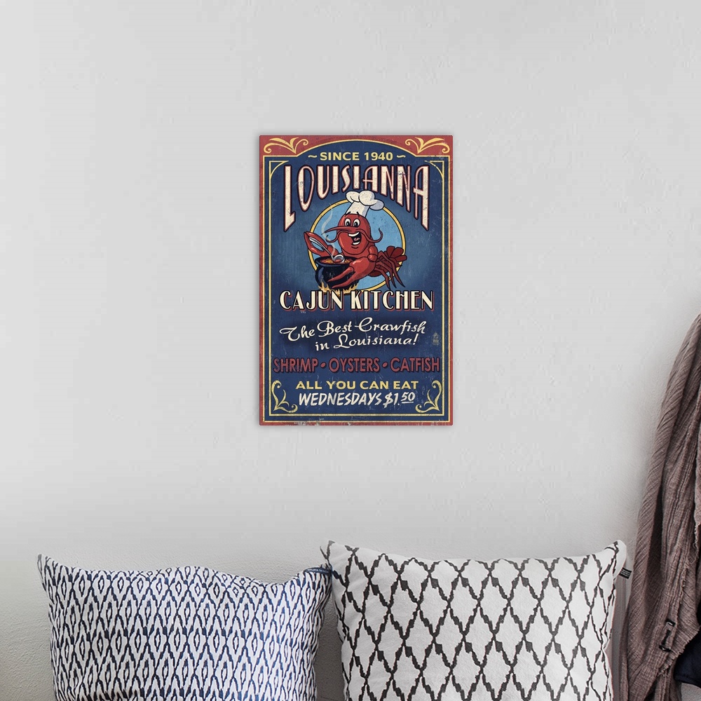 A bohemian room featuring Louisiana - Cajun Kitchen Crawfish Vintage Sign: Retro Travel Poster