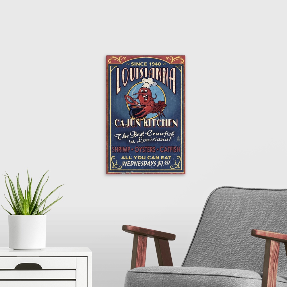 A modern room featuring Louisiana - Cajun Kitchen Crawfish Vintage Sign: Retro Travel Poster