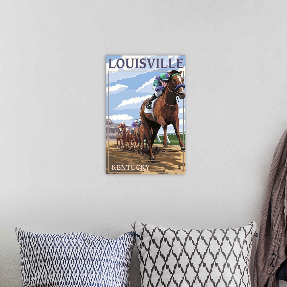 A bohemian room featuring Louisville, Kentucky - Horse Racing Track Scene: Retro Travel Poster