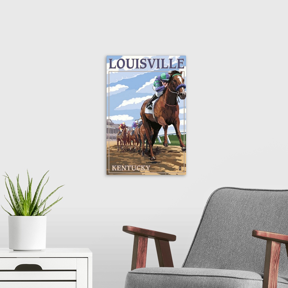 A modern room featuring Louisville, Kentucky - Horse Racing Track Scene: Retro Travel Poster
