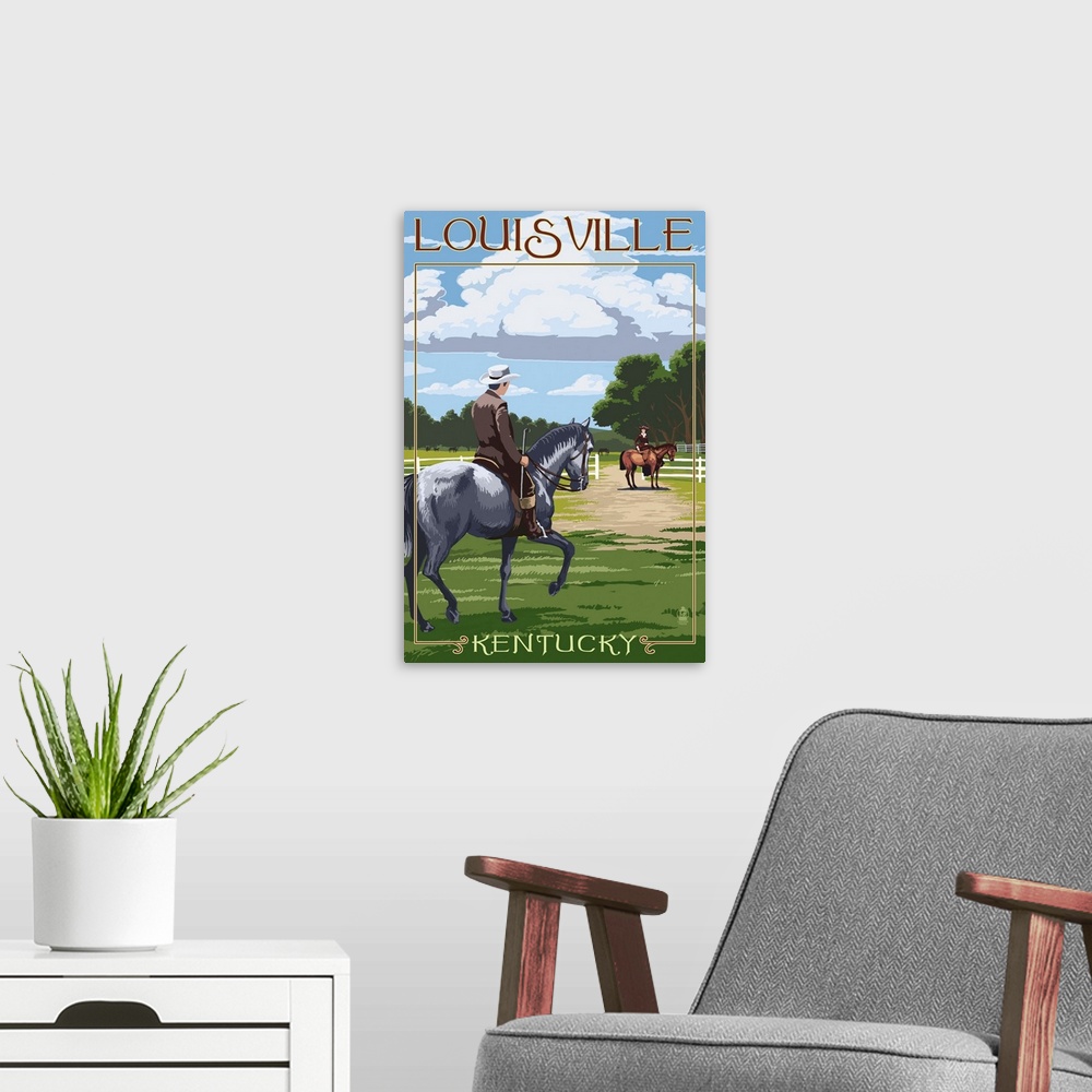 A modern room featuring Louisville, Kentucky - Horse Riders : Retro Travel Poster