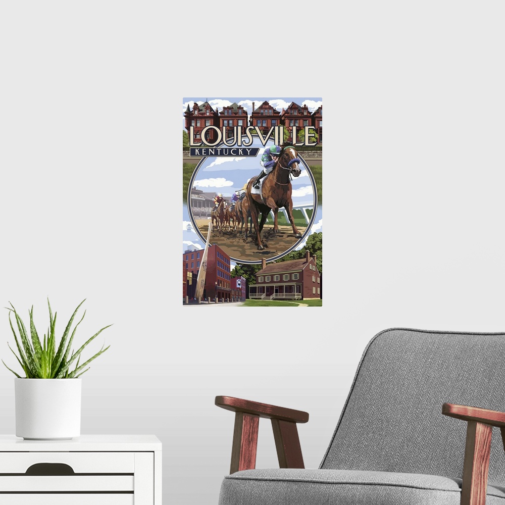 A modern room featuring Louisville, Kentucky - Montage Scenes: Retro Travel Poster