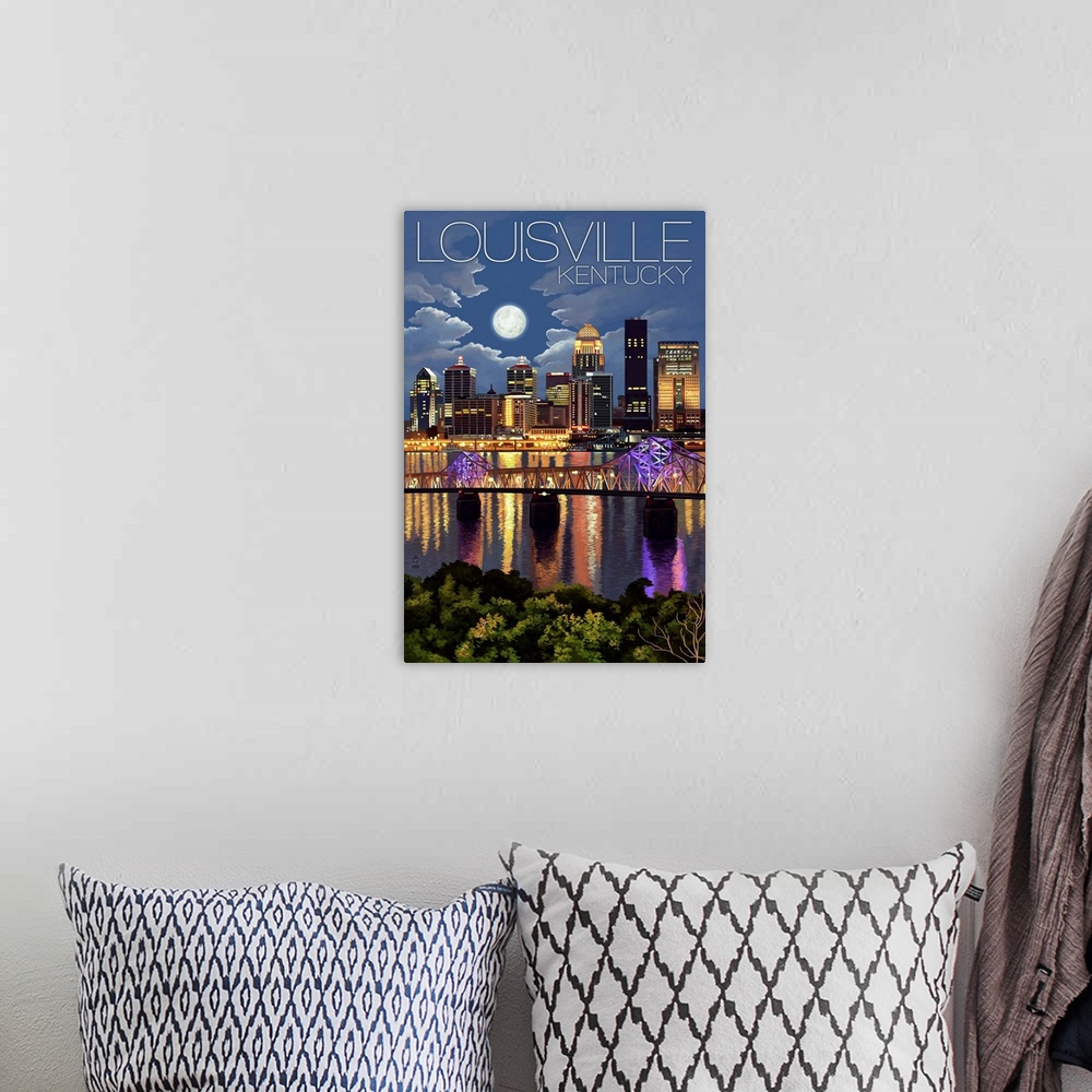 A bohemian room featuring Louisville, Kentucky - Skyline at Night: Retro Travel Poster