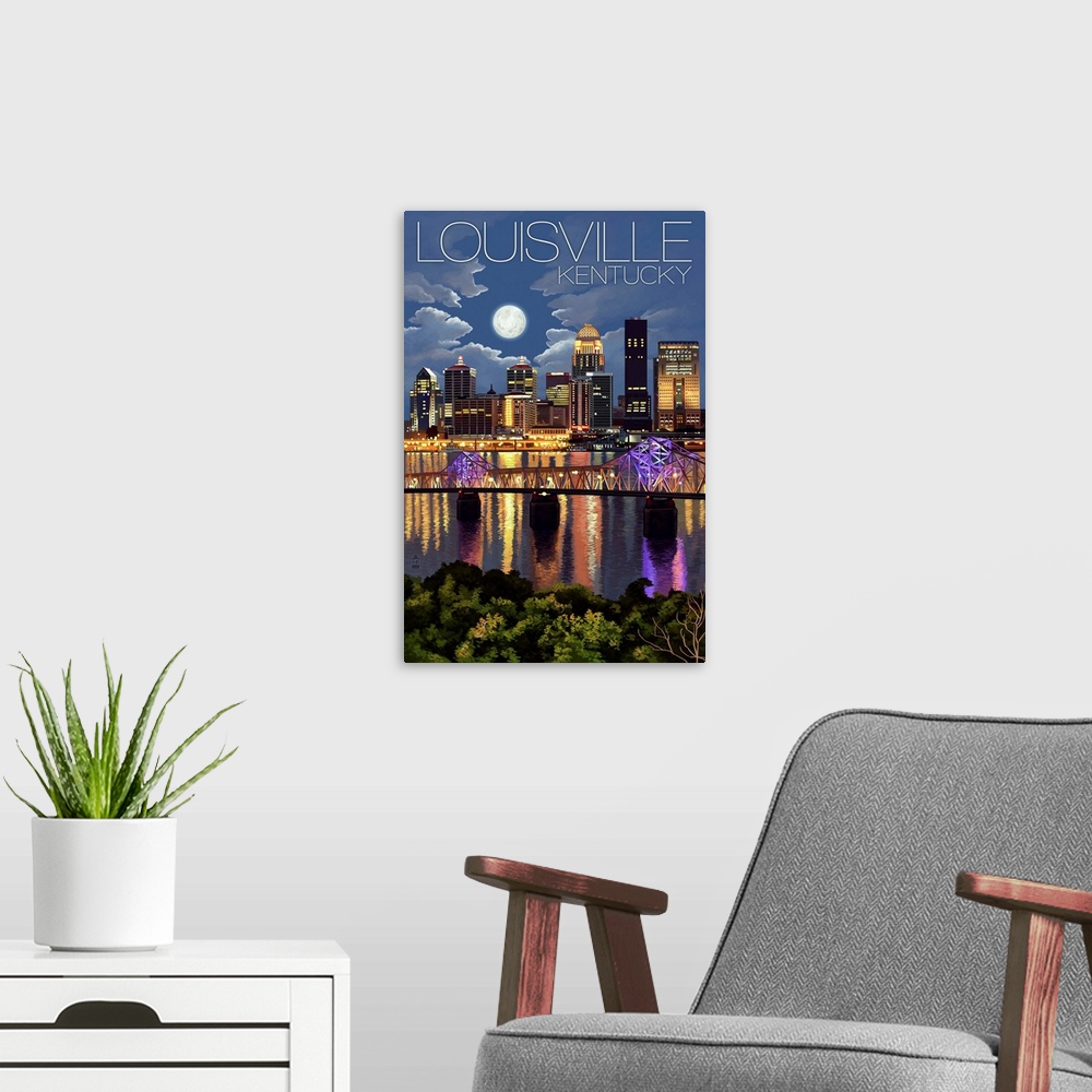A modern room featuring Louisville, Kentucky - Skyline at Night: Retro Travel Poster