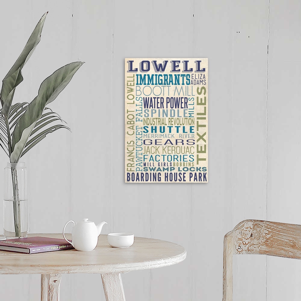 A farmhouse room featuring Lowell, Massachusetts, Typography