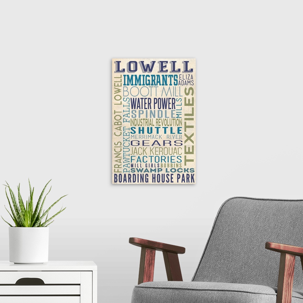 A modern room featuring Lowell, Massachusetts, Typography