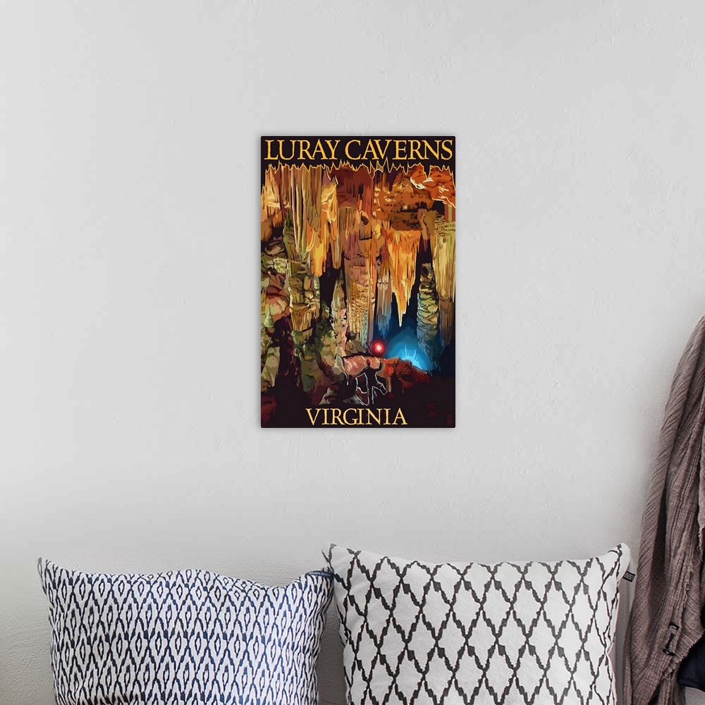 A bohemian room featuring Retro stylized art poster of silhouetted figures in a cavern, with ornate rock formations.