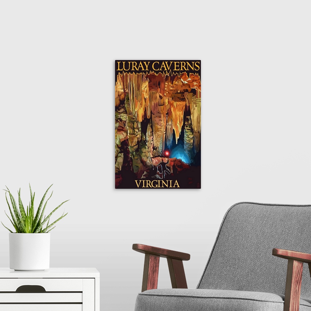 A modern room featuring Retro stylized art poster of silhouetted figures in a cavern, with ornate rock formations.