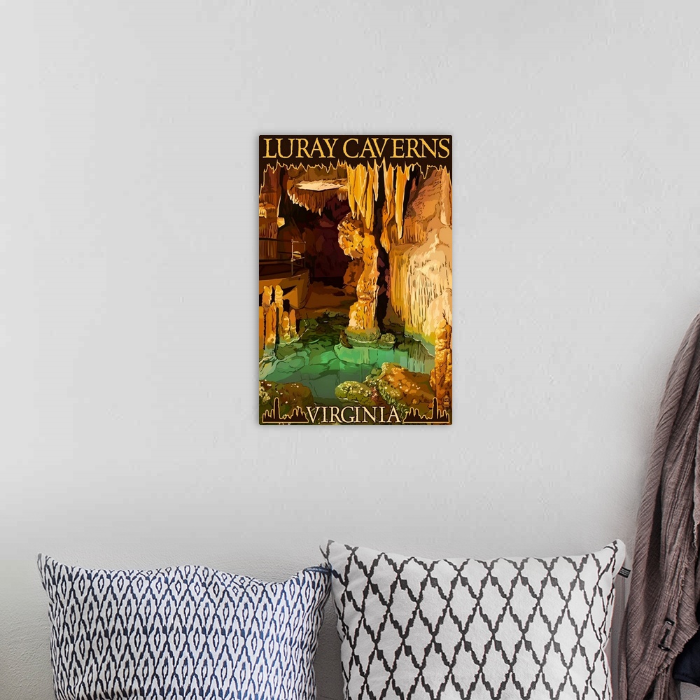A bohemian room featuring Retro stylized art poster of a cavern with a green well, beneath ornate rock formations.