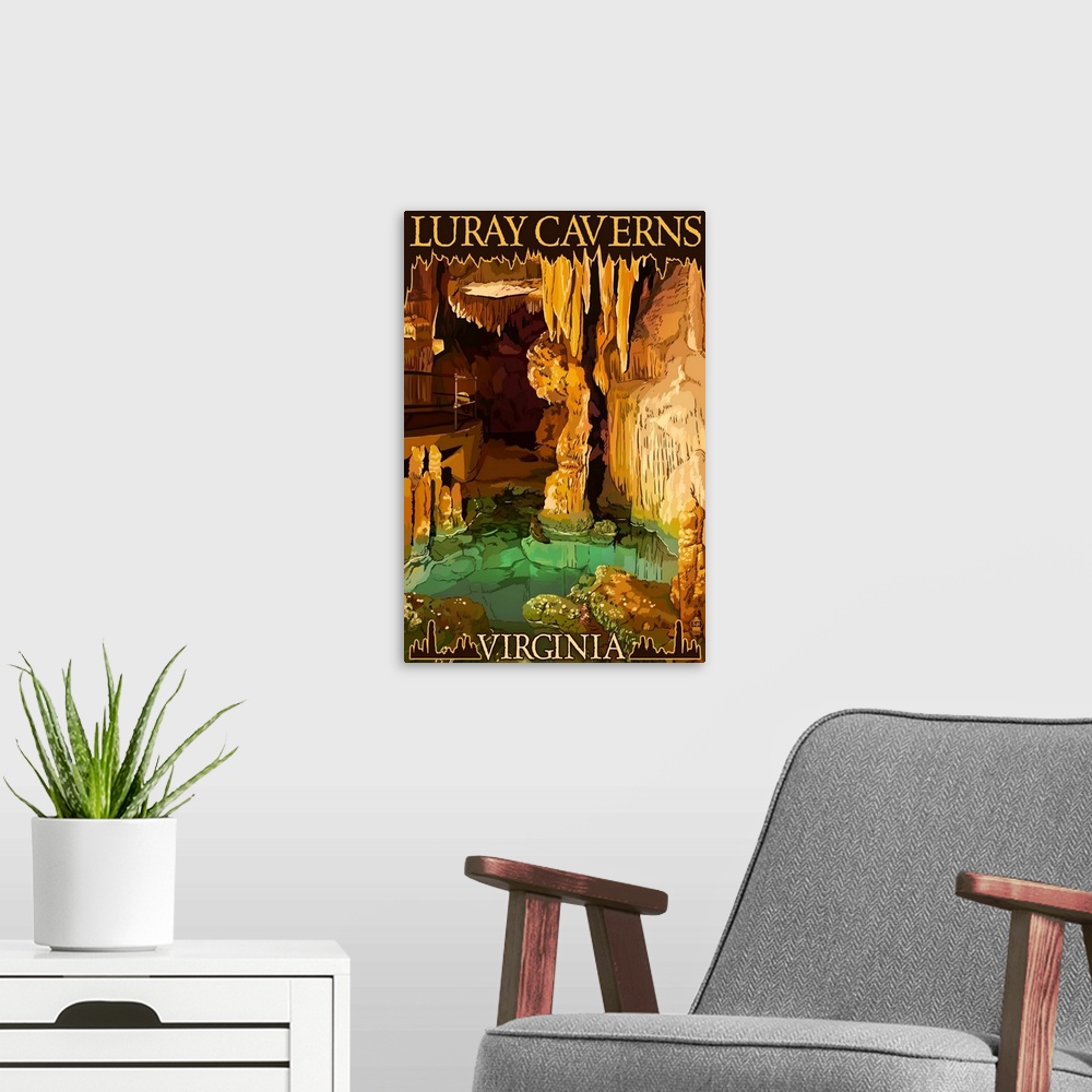 A modern room featuring Retro stylized art poster of a cavern with a green well, beneath ornate rock formations.