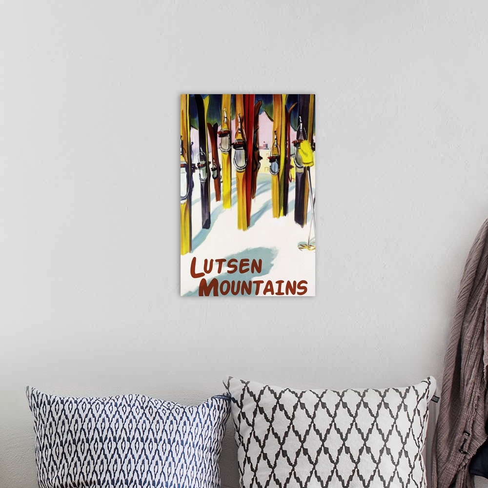 A bohemian room featuring Lutsen Mountains - Colorful Skis: Retro Travel Poster