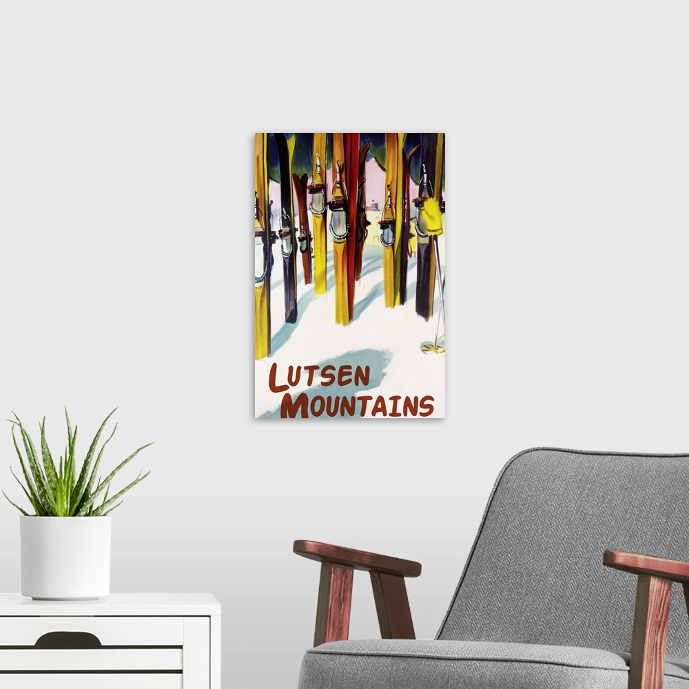 A modern room featuring Lutsen Mountains - Colorful Skis: Retro Travel Poster