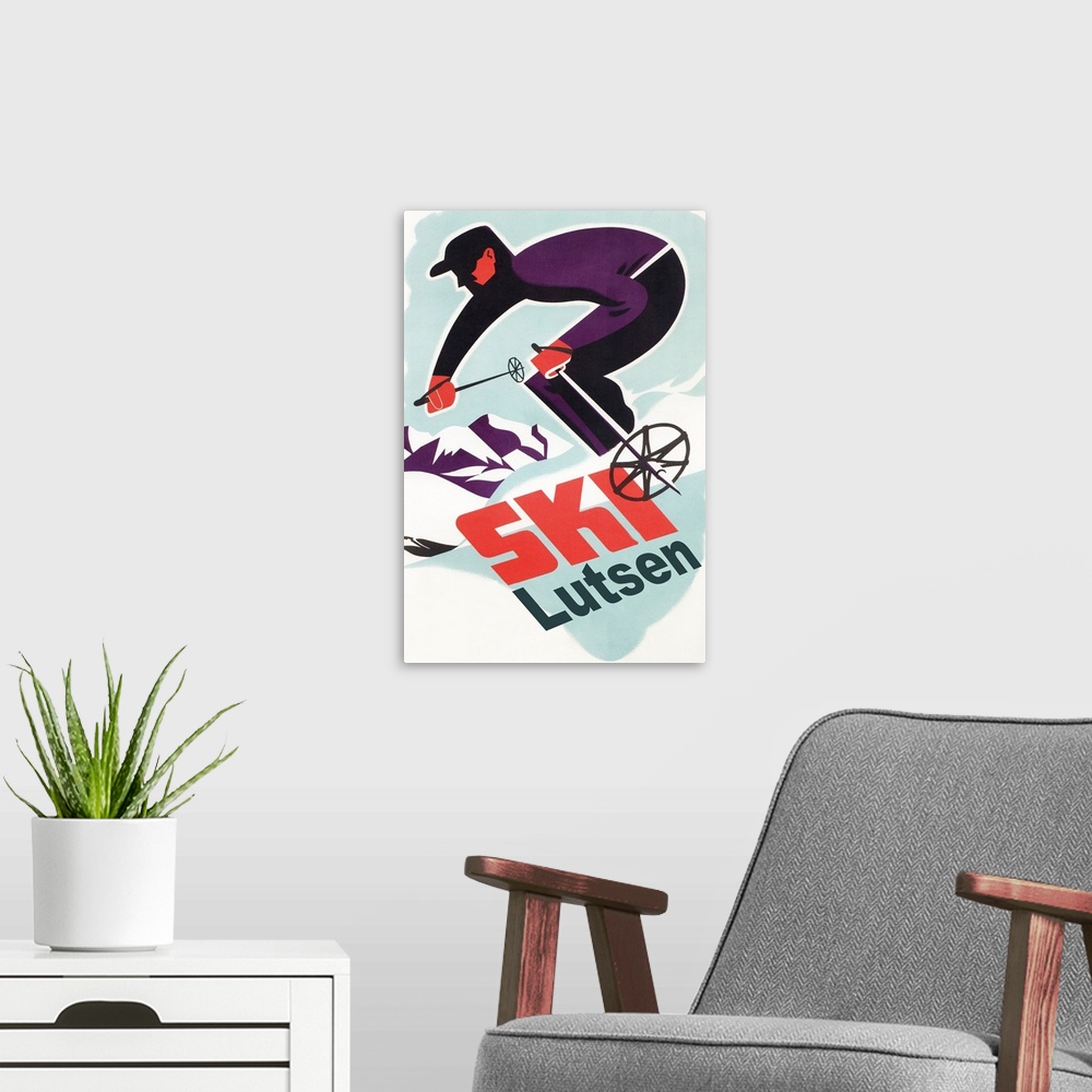 A modern room featuring Lutsen Mountains, Minnesota -Retro Skier: Retro Travel Poster