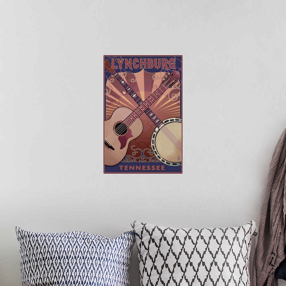 A bohemian room featuring Lynchburg, Tennessee - Guitar and Banjo Music: Retro Travel Poster