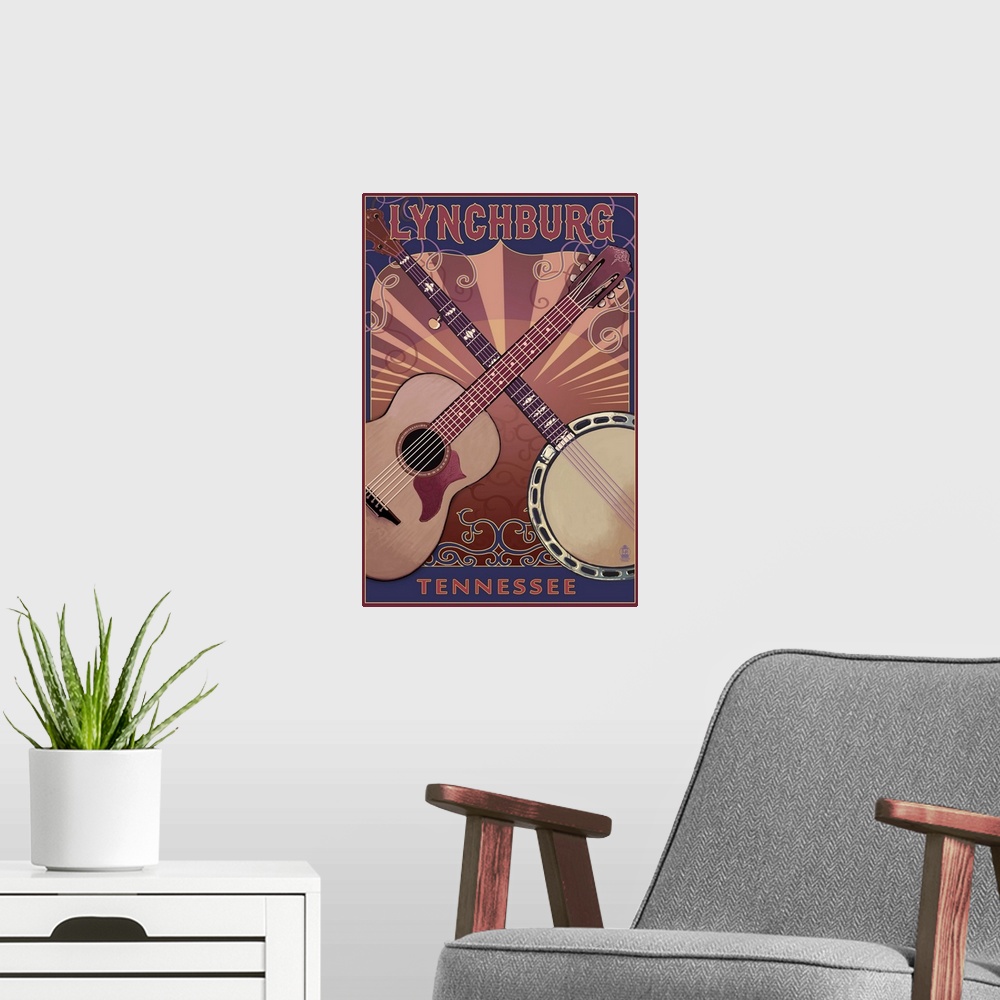 A modern room featuring Lynchburg, Tennessee - Guitar and Banjo Music: Retro Travel Poster