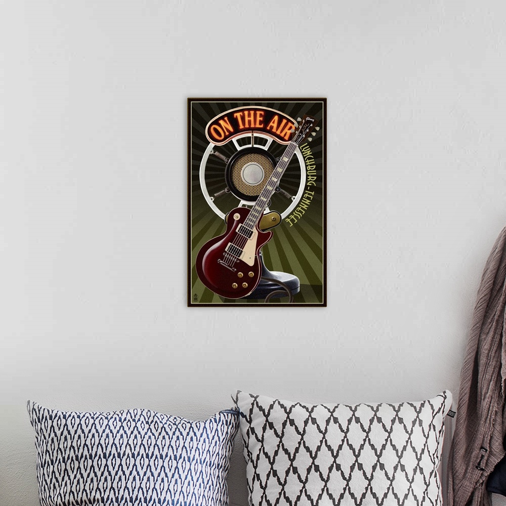 A bohemian room featuring Lynchburg, Tennessee - Guitar and Microphone: Retro Travel Poster