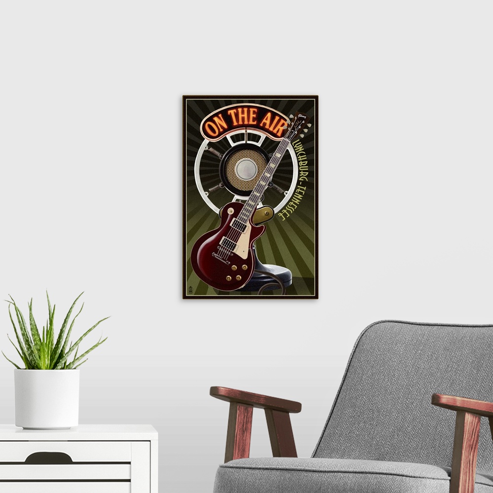 A modern room featuring Lynchburg, Tennessee - Guitar and Microphone: Retro Travel Poster