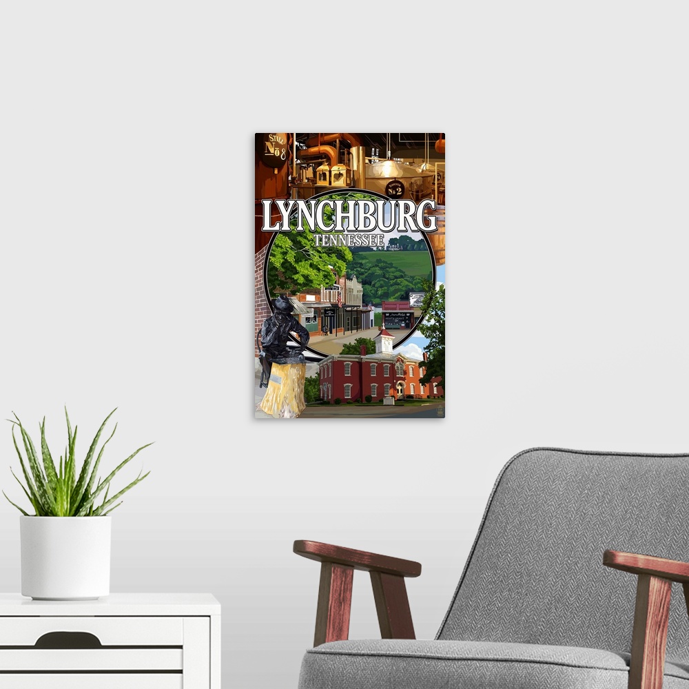 A modern room featuring Lynchburg, Tennessee - Town Scenes: Retro Travel Poster