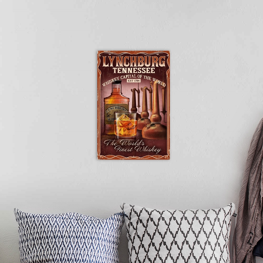 A bohemian room featuring Lynchburg, Tennessee - Whiskey Vintage Sign: Retro Travel Poster