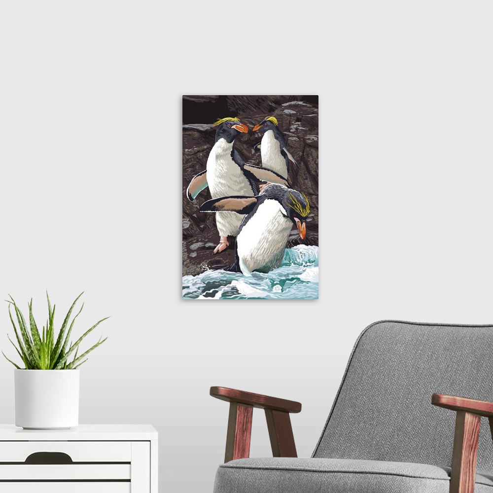 A modern room featuring Macaroni Penguins