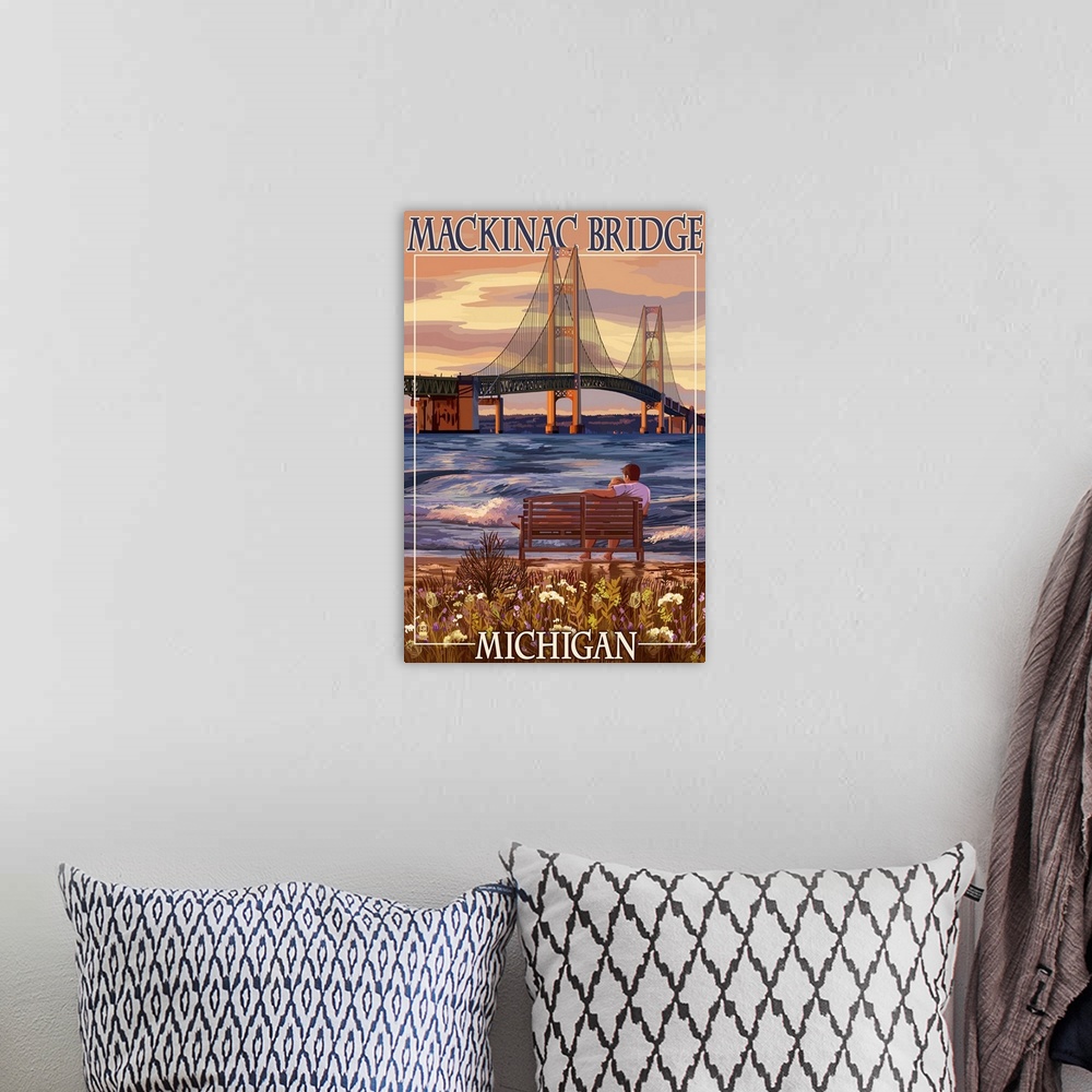 A bohemian room featuring Retro stylized art poster of a person sitting on a bench looking out over a bay at large suspensi...