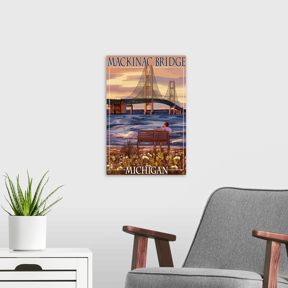 A modern room featuring Retro stylized art poster of a person sitting on a bench looking out over a bay at large suspensi...