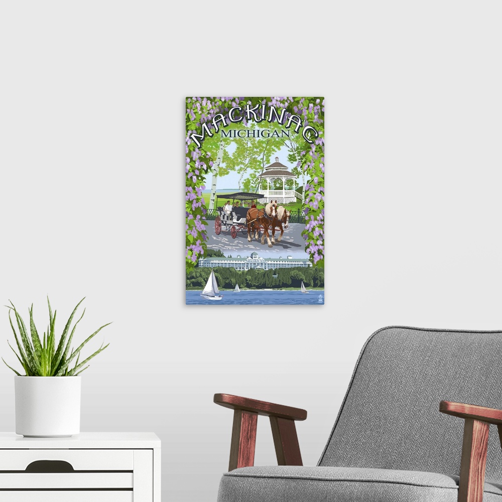 A modern room featuring Retro stylized art poster of a horse drawn carriage near a gazebo, with a coastal scene at the bo...