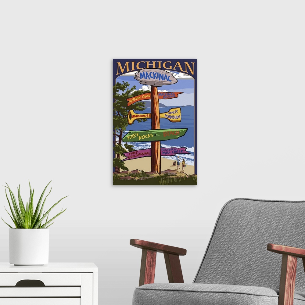 A modern room featuring Retro stylized art poster of a sign post showing multiple directions.
