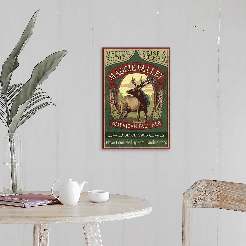 A farmhouse room featuring Maggie Valley, North Carolina - Elk Pale Ale Vintage Sign: Retro Travel Poster