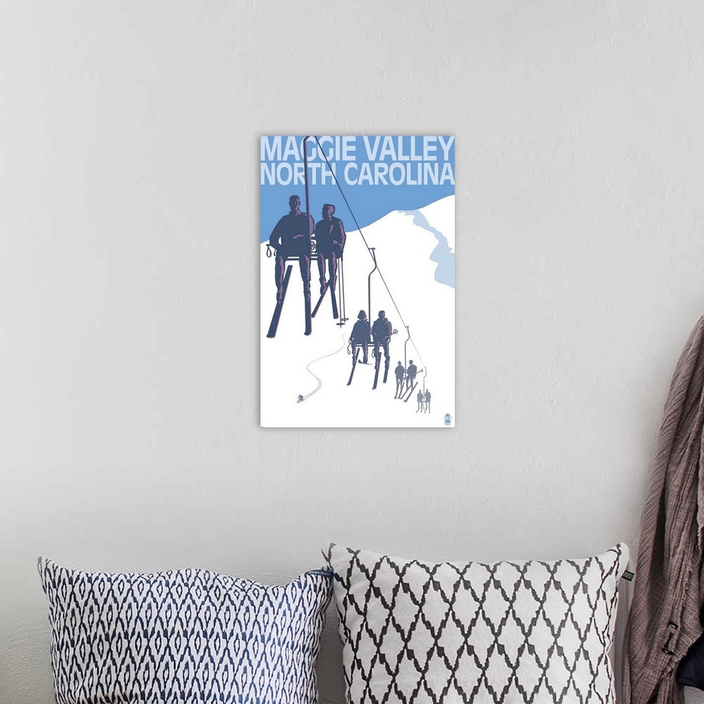 A bohemian room featuring Retro stylized art poster of silhouetted skiers on a ski lift.