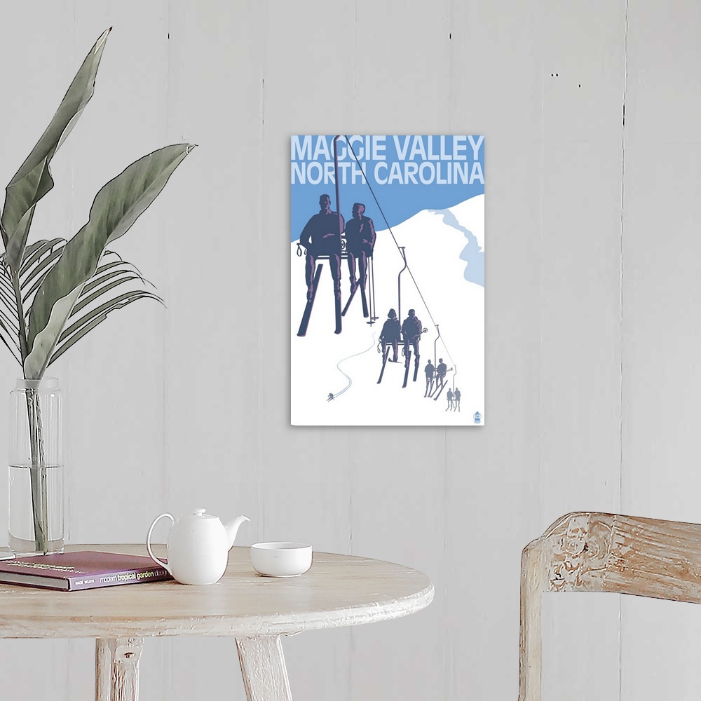 A farmhouse room featuring Retro stylized art poster of silhouetted skiers on a ski lift.