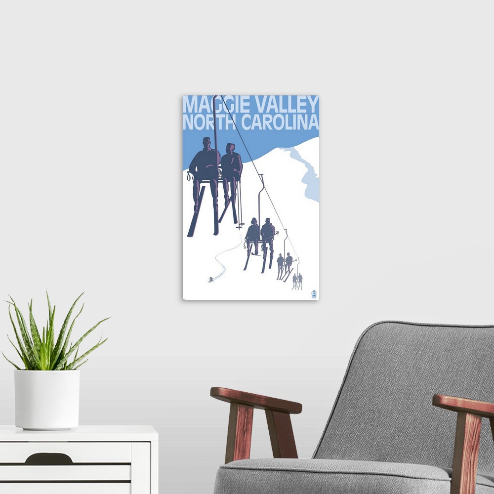 A modern room featuring Retro stylized art poster of silhouetted skiers on a ski lift.