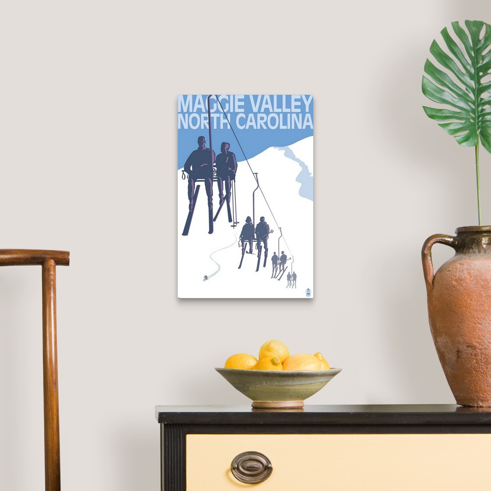 A traditional room featuring Retro stylized art poster of silhouetted skiers on a ski lift.