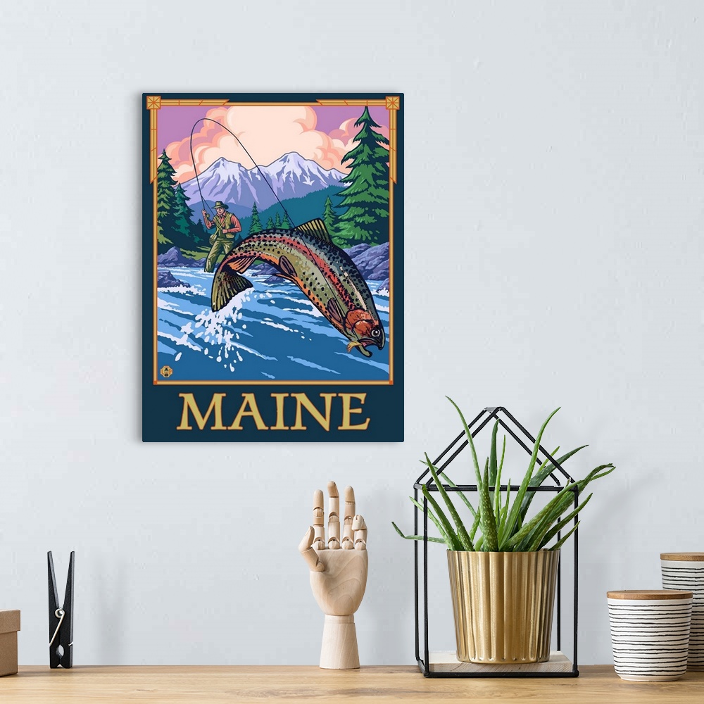 A bohemian room featuring Maine - Angler Fisherman Scene: Retro Travel Poster
