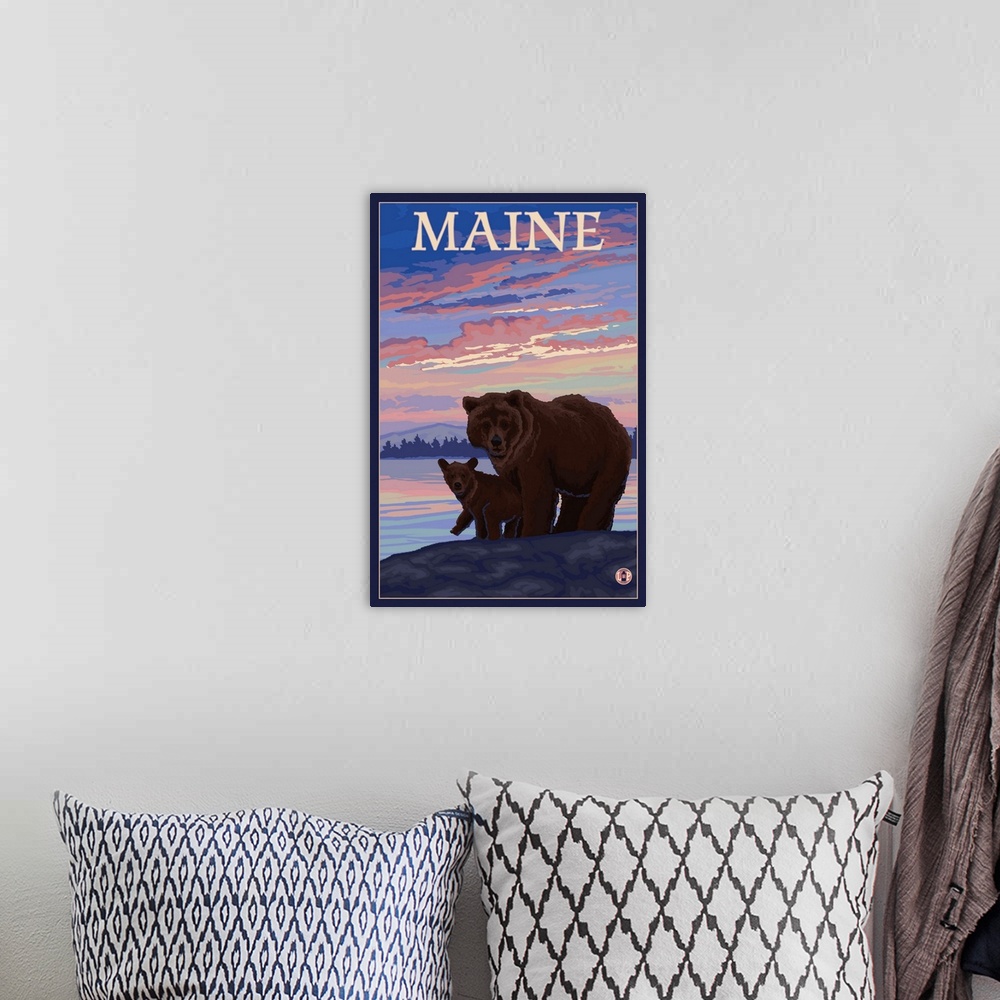 A bohemian room featuring Maine - Bear and Cub: Retro Travel Poster