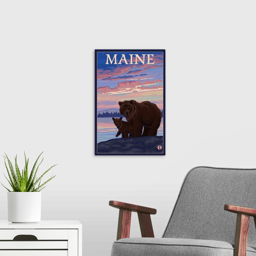 A modern room featuring Maine - Bear and Cub: Retro Travel Poster
