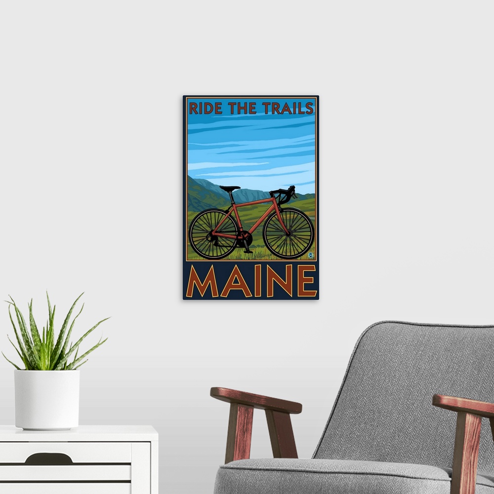 A modern room featuring Maine - Bicycle Scene: Retro Travel Poster
