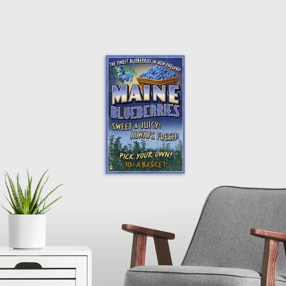 A modern room featuring Retro stylized art poster of a vintage sign advertising blueberries.