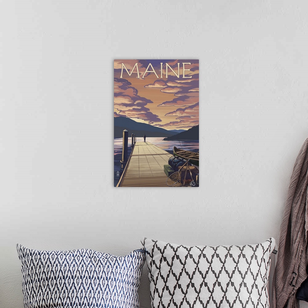 A bohemian room featuring Maine - Dock and Sunset Scene: Retro Travel Poster