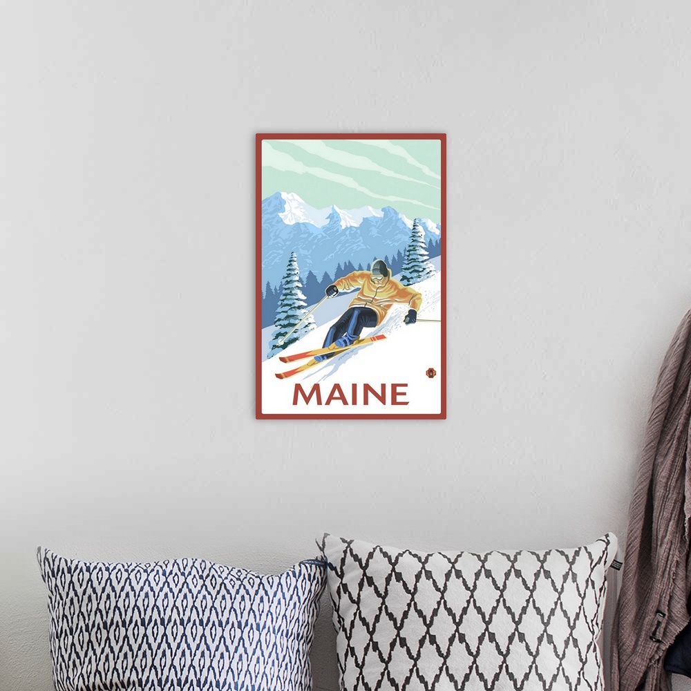 A bohemian room featuring Maine - Downhill Skier Scene: Retro Travel Poster