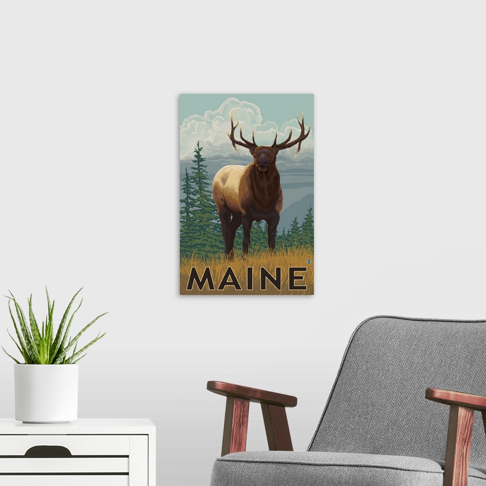 A modern room featuring Maine - Elk Scene: Retro Travel Poster
