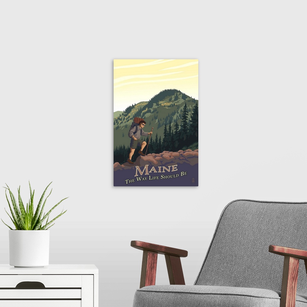 A modern room featuring Maine - Hiking Scene - The Way Life Should Be: Retro Travel Poster