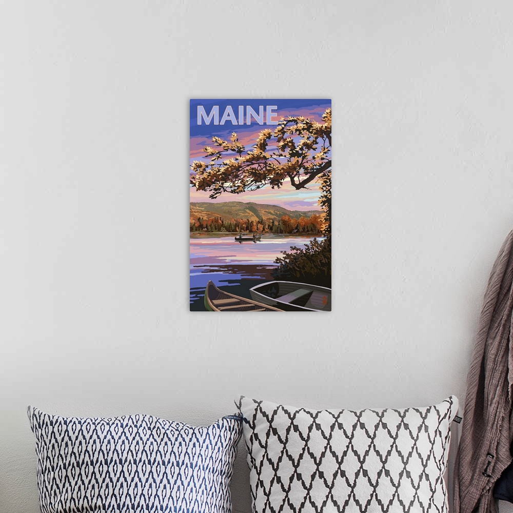 A bohemian room featuring Maine - Lake at Dusk: Retro Travel Poster