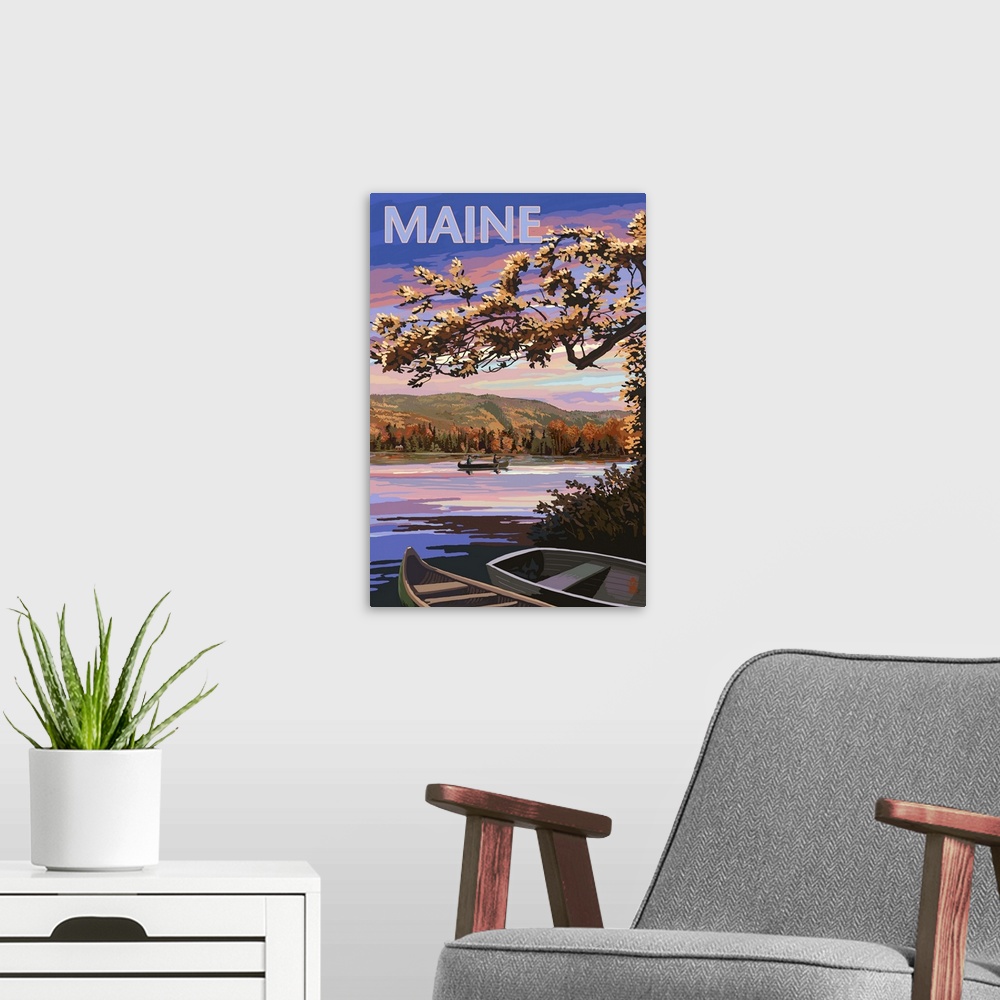 A modern room featuring Maine - Lake at Dusk: Retro Travel Poster