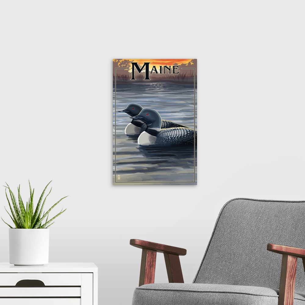 A modern room featuring Maine - Loon Family: Retro Travel Poster